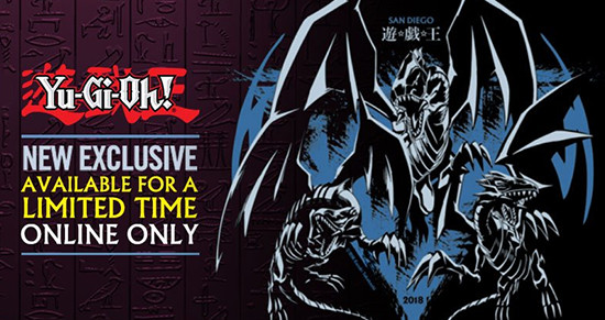 ShopYuGiOh.com banner ad showing the exclusive SDCC 2018 Blue-Eyes White Dragon shirt design