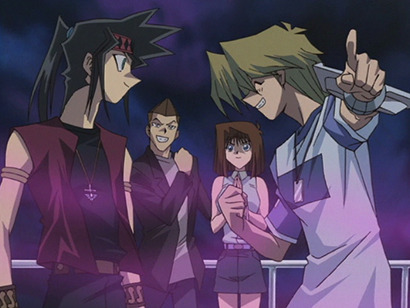 Joey, Duke, Tristan, and Téa cheering for Yugi during his duel against Yami Marik in episode 140