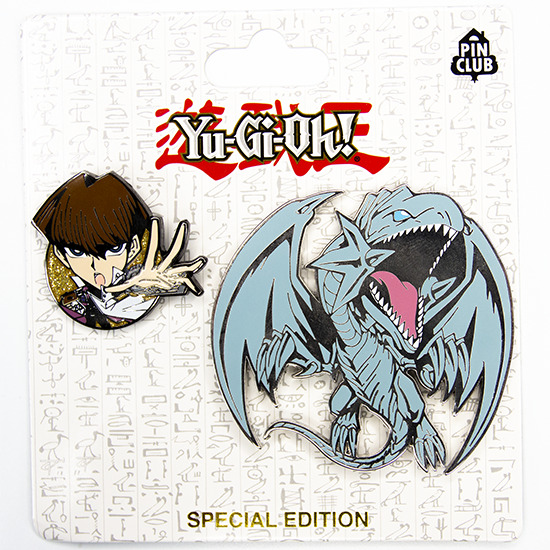 Chibi Seto Kaiba with Blue-Eyes White Dragon pins by Pin Club on a limited edition backer card